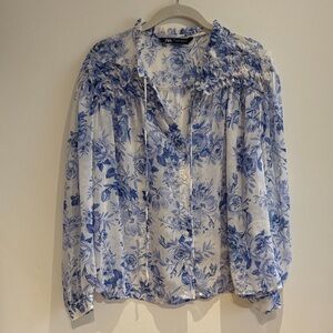 Zara Blue Floral Ruffle Button-Front Blouse